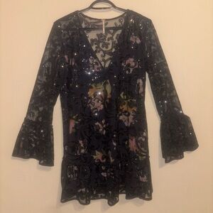 Free People Black Floral Bell Sleeve Dress
